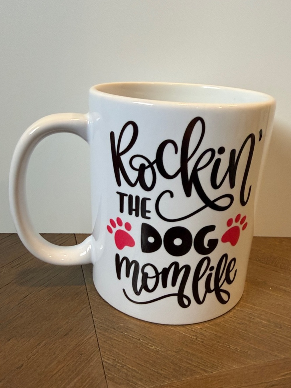 Hand Crafted White Mug with Black Script and Pink Paw Accents